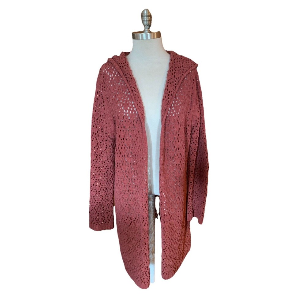 POL Long Sweater Duster Crochet Hoodie Cardigan Knit Midi Ginger Boho Medium